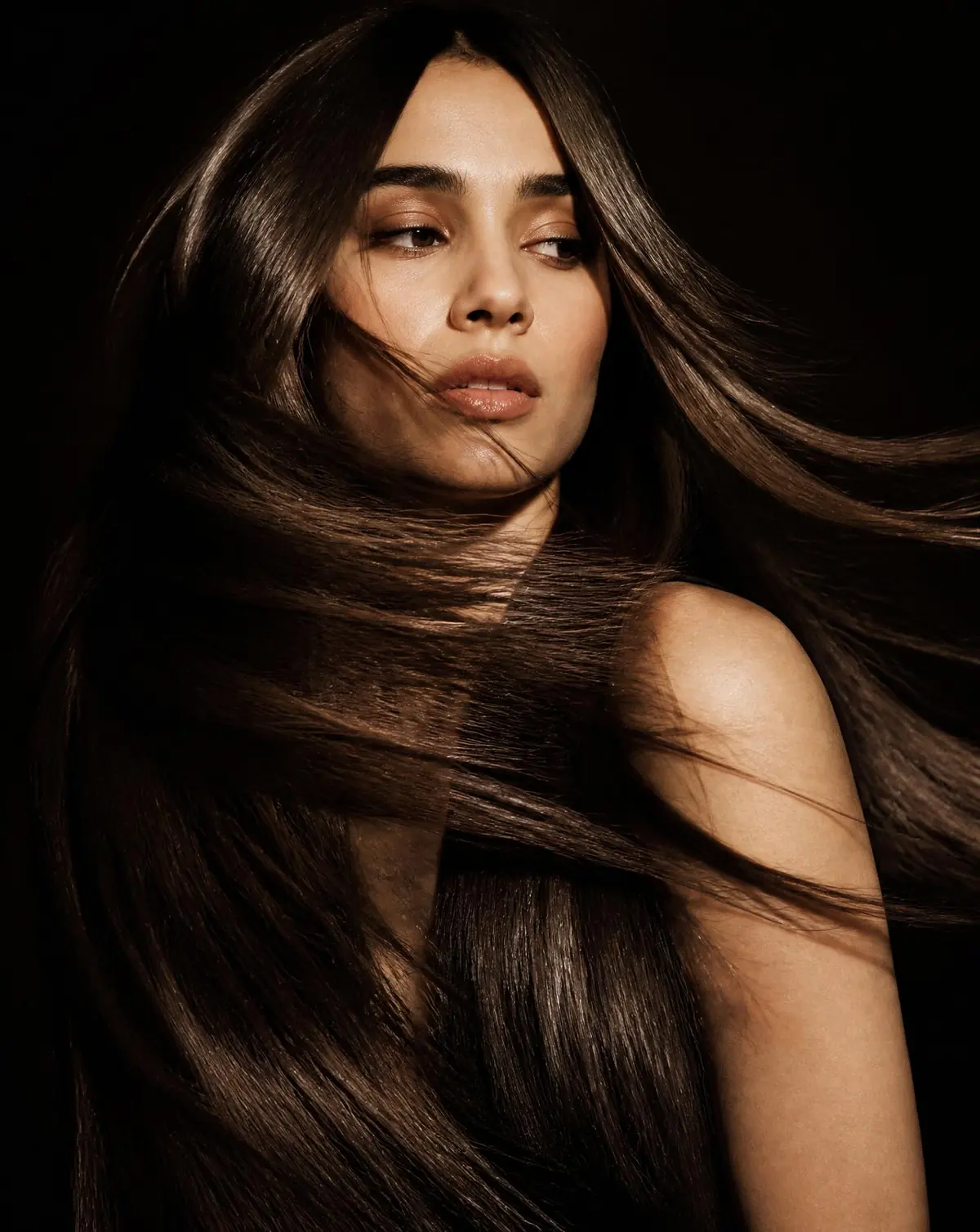 Cabelo longo e brilhante em movimento, fotografia editorial